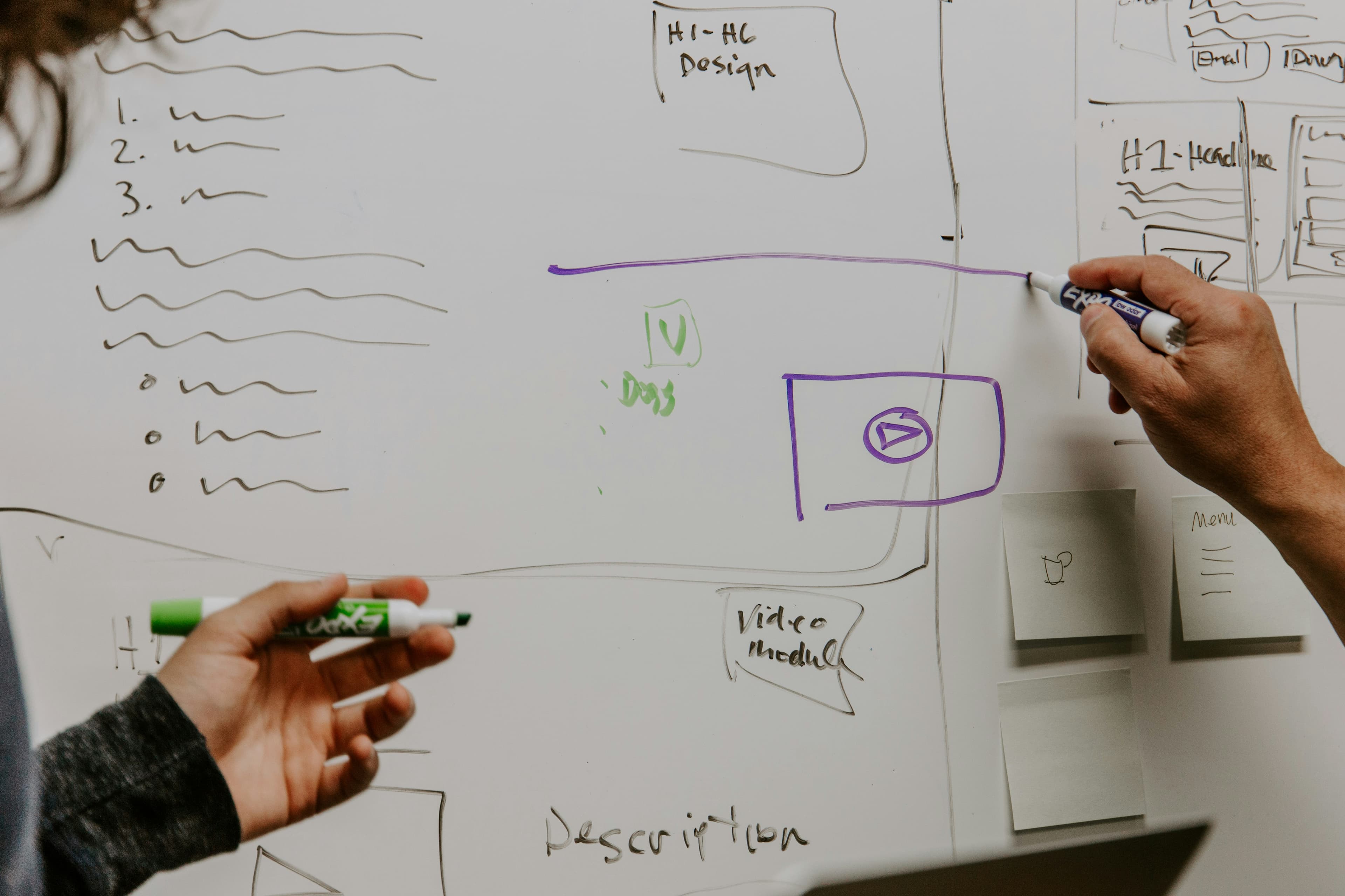 Two people sketching ideas on a whiteboard
